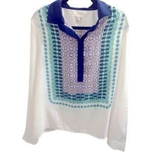 JCREW, Boho, white/Blue XL button down blouse.